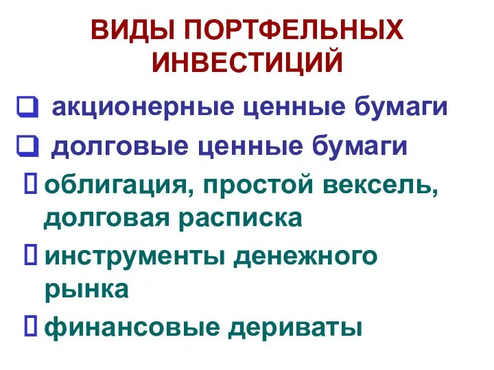 ВИДЫ ПОРТФЕЛЬНЫХ ИНВЕСТИЦИЙ акционерные ценные бумаги долговые ценные бумаги облигация, простой