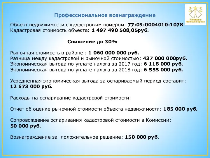 Профессиональное вознаграждение Объект недвижимости с кадастровым номером: 77:09:0004010:1078 Кадастровая стоимость объекта: