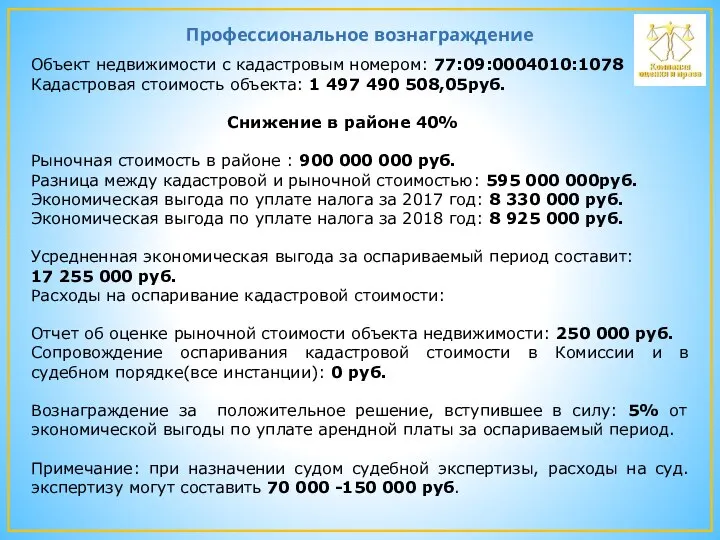 Профессиональное вознаграждение Объект недвижимости с кадастровым номером: 77:09:0004010:1078 Кадастровая стоимость объекта: