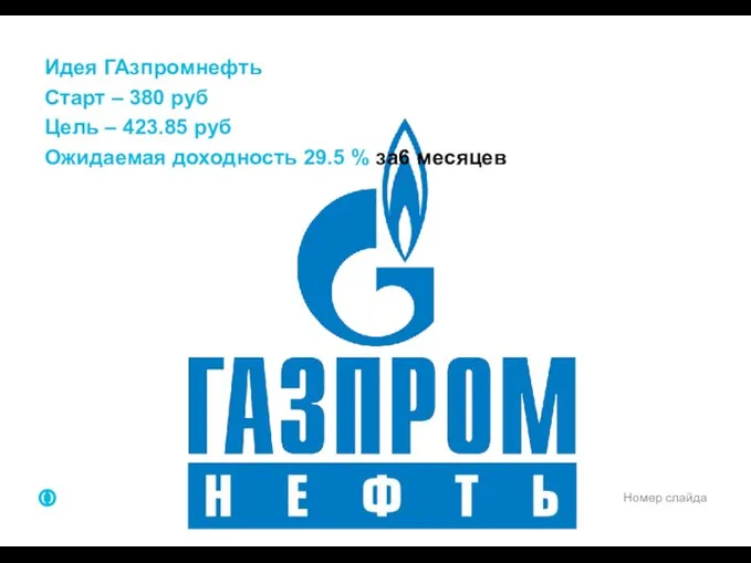 Номер слайда Идея ГАзпромнефть Старт – 380 руб Цель – 423.85