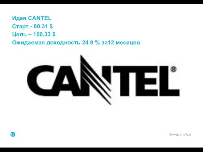 Номер слайда Идея CANTEL Старт - 80.31 $ Цель – 100.33