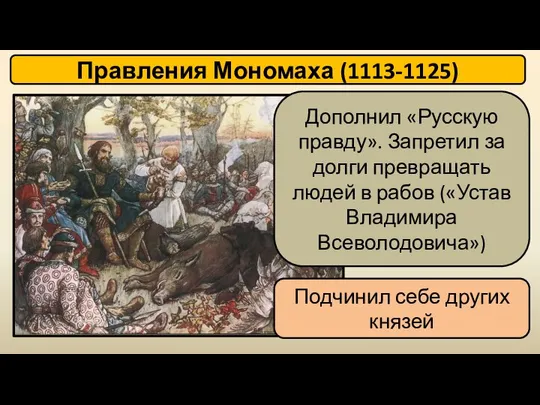 Правления Мономаха (1113-1125) Дополнил «Русскую правду». Запретил за долги превращать людей