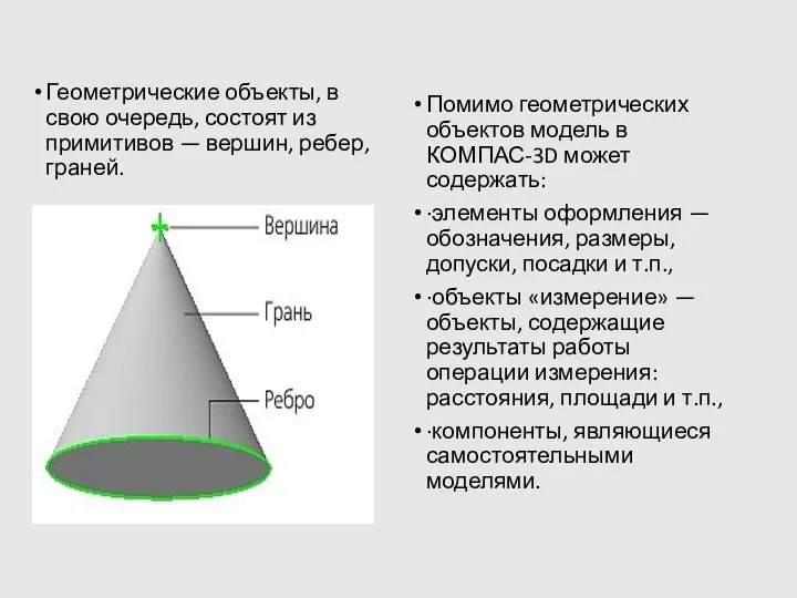 Геометрические объекты, в свою очередь, состоят из примитивов — вершин, ребер,