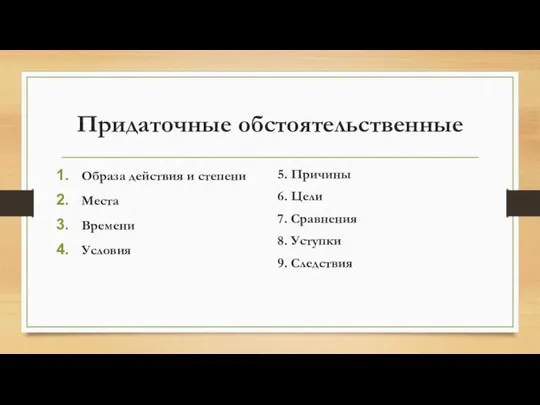 Придаточные обстоятельственные Образа действия и степени Места Времени Условия 5. Причины