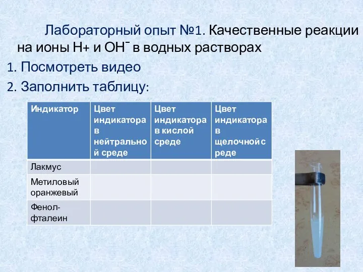 Лабораторный опыт №1. Качественные реакции на ионы Н+ и ОН⎺ в