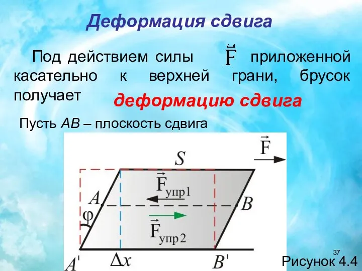 Деформация сдвига Под действием силы приложенной касательно к верхней грани, брусок