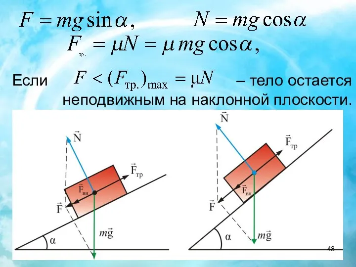 Если – тело остается неподвижным на наклонной плоскости.