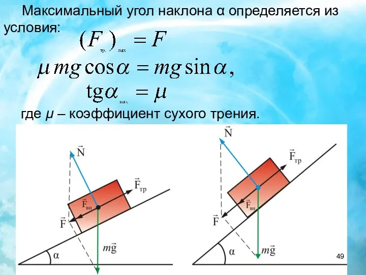 Максимальный угол наклона α определяется из условия: где μ – коэффициент сухого трения.