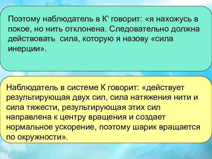 Поэтому наблюдатель в К’ говорит: «я нахожусь в покое, но нить