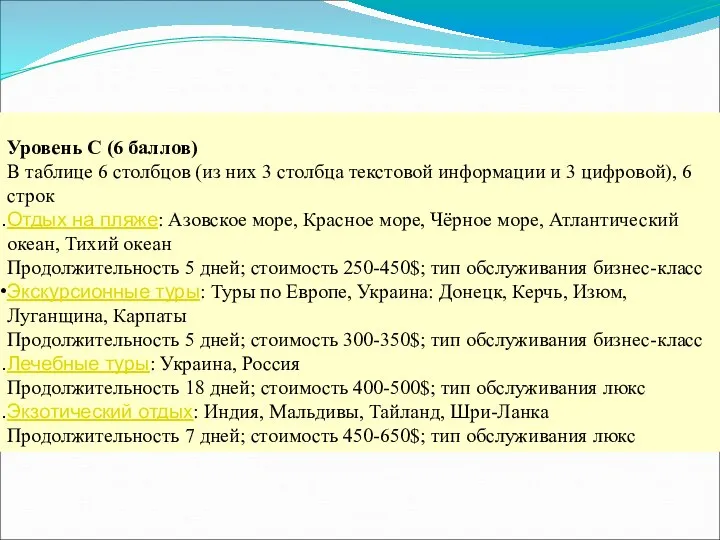 Уровень С (6 баллов) В таблице 6 столбцов (из них 3