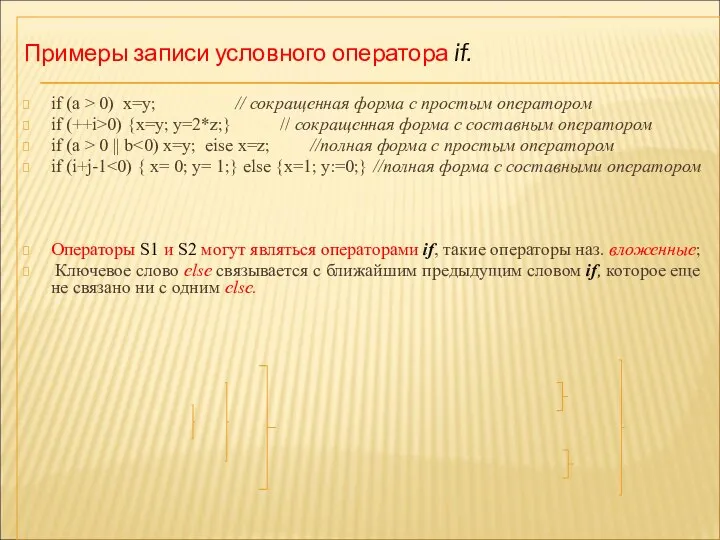 Примеры записи условного оператора if. if (a > 0) х=у; //