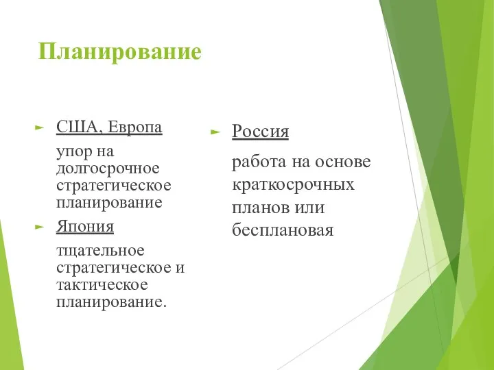 Планирование США, Европа упор на долгосрочное стратегическое планирование Япония тщательное стратегическое