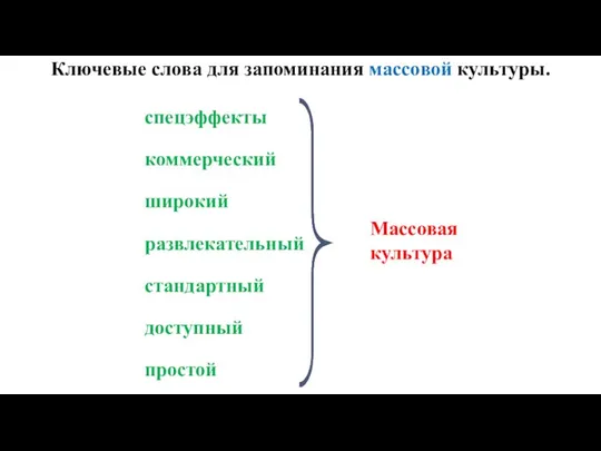 Ключевые слова для запоминания массовой культуры. спецэффекты коммерческий широкий развлекательный стандартный доступный простой Массовая культура