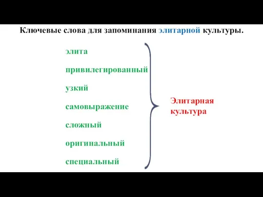 Ключевые слова для запоминания элитарной культуры. элита привилегированный узкий самовыражение сложный оригинальный специальный Элитарная культура