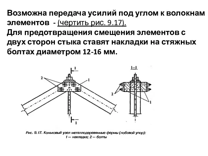 Возможна передача усилий под углом к волокнам элементов - (чертить рис.