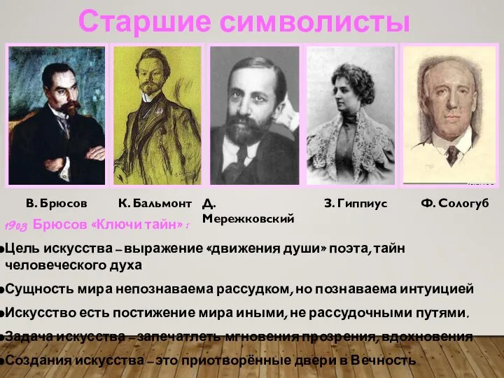 Старшие символисты 1903 Брюсов «Ключи тайн» : Цель искусства – выражение