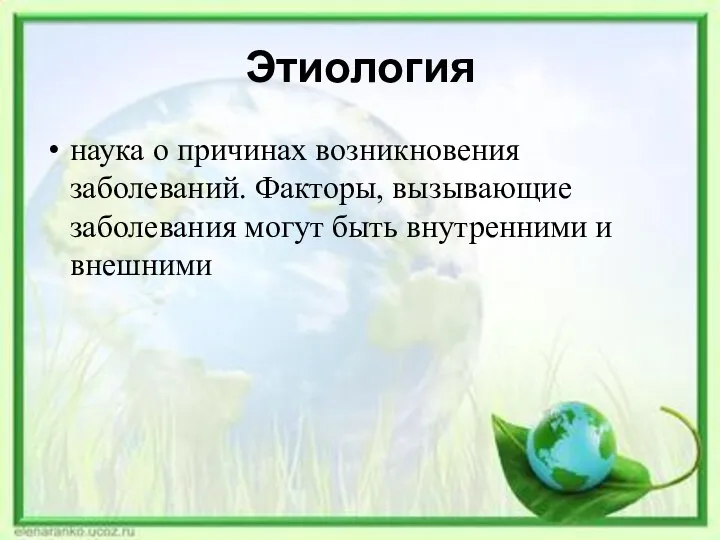 Этиология наука о причинах возникновения заболеваний. Факторы, вызывающие заболевания могут быть внутренними и внешними