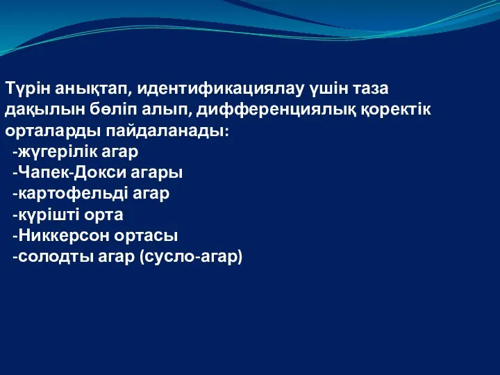 2. Түрін анықтап, идентификациялау үшін таза дақылын бөліп алып, дифференциялық қоректік