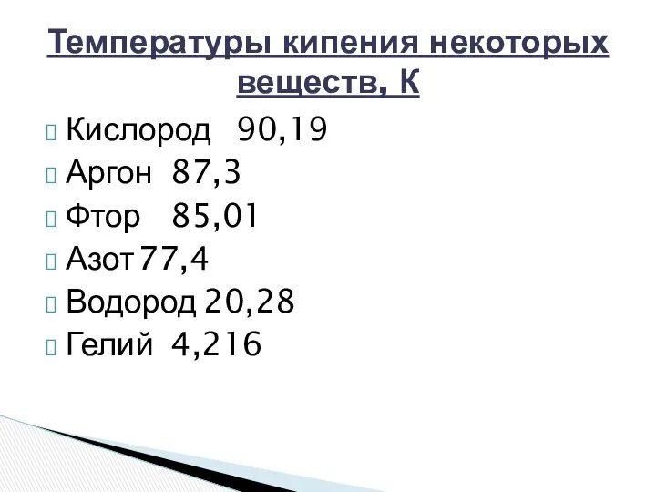 Кислород 90,19 Аргон 87,3 Фтор 85,01 Азот 77,4 Водород 20,28 Гелий