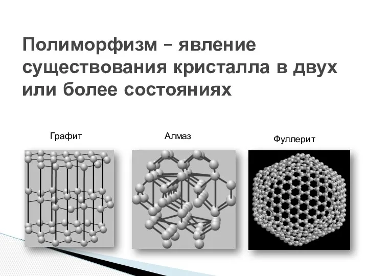 Полиморфизм – явление существования кристалла в двух или более состояниях Графит Алмаз Фуллерит