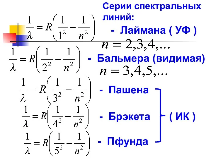 - Лаймана ( УФ ) - Бальмера (видимая) - Пашена -