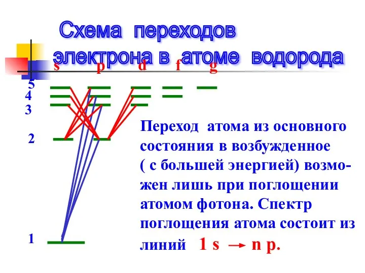 Схема переходов электрона в атоме водорода s p d f g