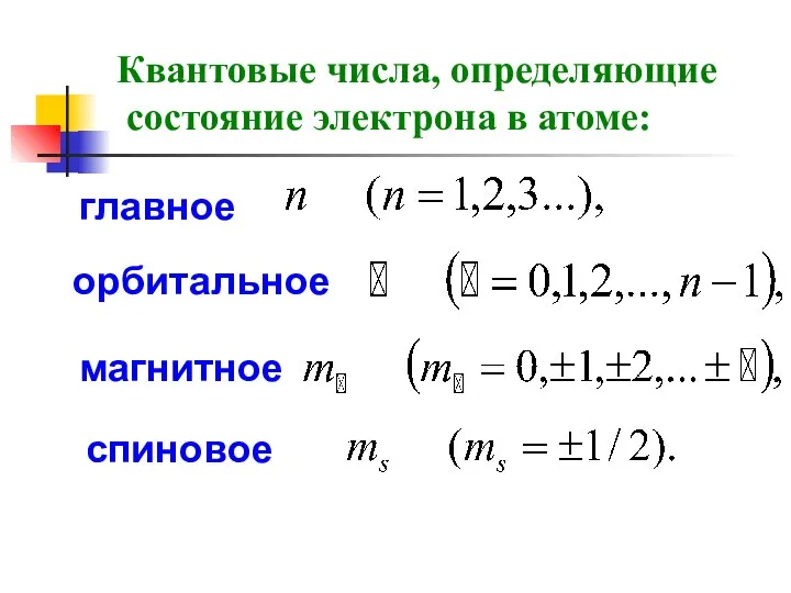 Квантовые числа, определяющие состояние электрона в атоме: главное орбитальное магнитное спиновое