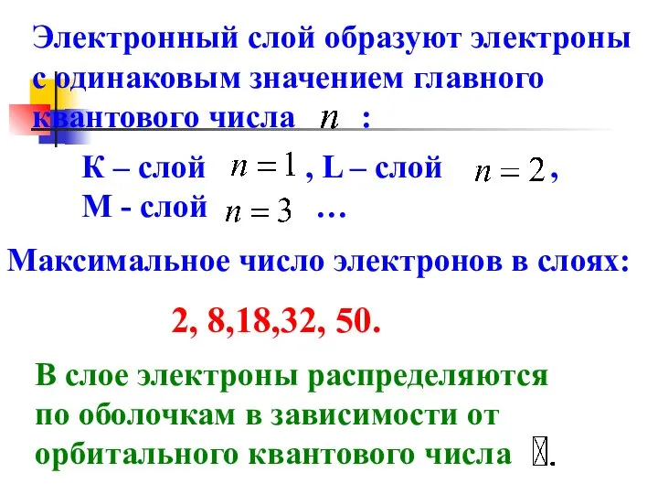 Электронный слой образуют электроны с одинаковым значением главного квантового числа :