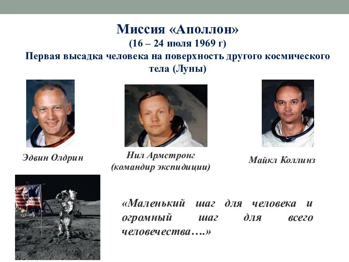 Миссия «Аполлон» (16 – 24 июля 1969 г) Первая высадка человека