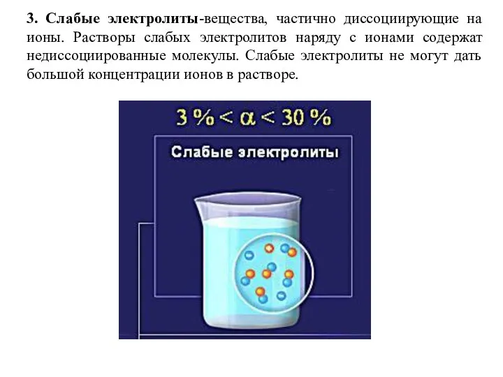 3. Слабые электролиты-вещества, частично диссоциирующие на ионы. Растворы слабых электролитов наряду