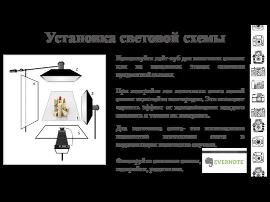 Установка световой схемы Используйте лайт-куб для поточных съемок или на начальных