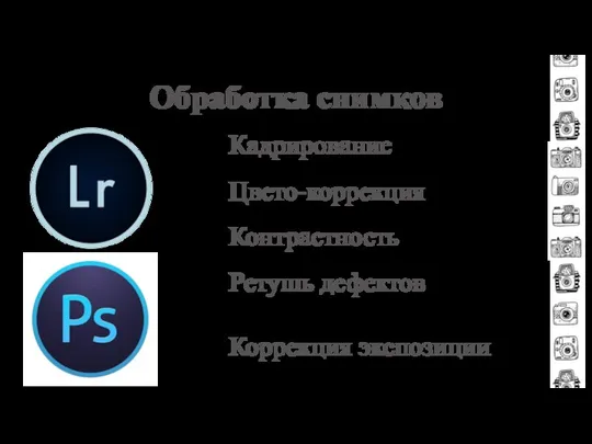 Обработка снимков Кадрирование Цвето-коррекция Контрастность Ретушь дефектов Коррекция экспозиции