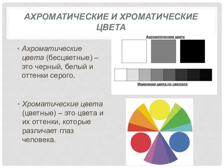 АХРОМАТИЧЕСКИЕ И ХРОМАТИЧЕСКИЕ ЦВЕТА Ахроматические цвета (бесцветные) – это черный, белый