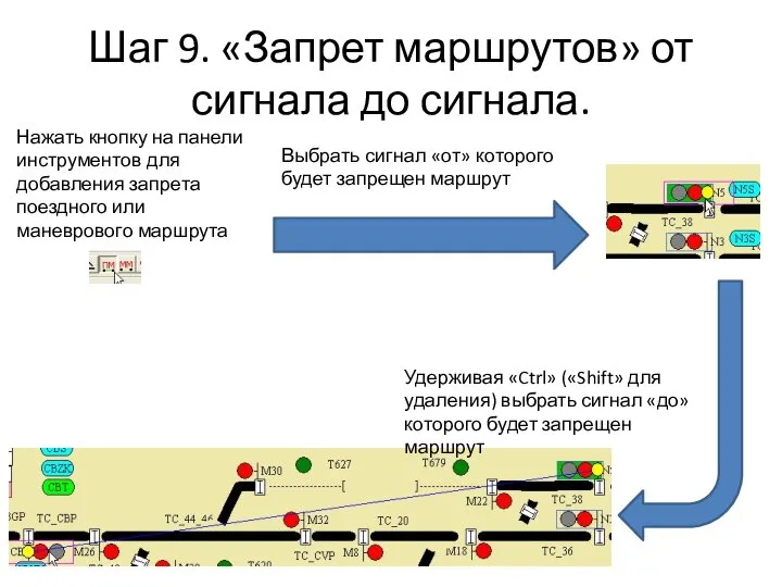 Шаг 9. «Запрет маршрутов» от сигнала до сигнала. Нажать кнопку на