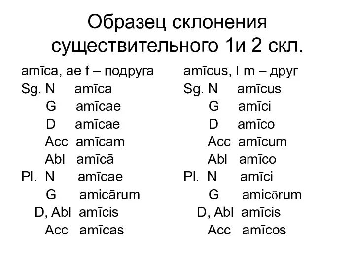 Образец склонения существительного 1и 2 скл. amīca, ae f – подруга