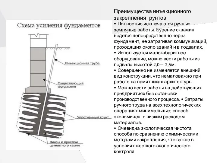 Преимущества инъекционного закрепления грунтов • Полностью исключаются ручные земляные работы. Бурение