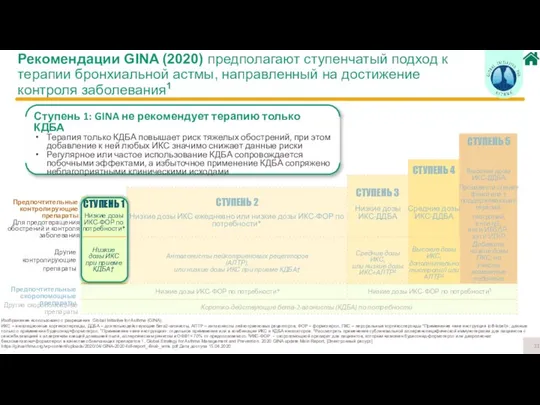 Рекомендации GINA (2020) предполагают ступенчатый подход к терапии бронхиальной астмы, направленный