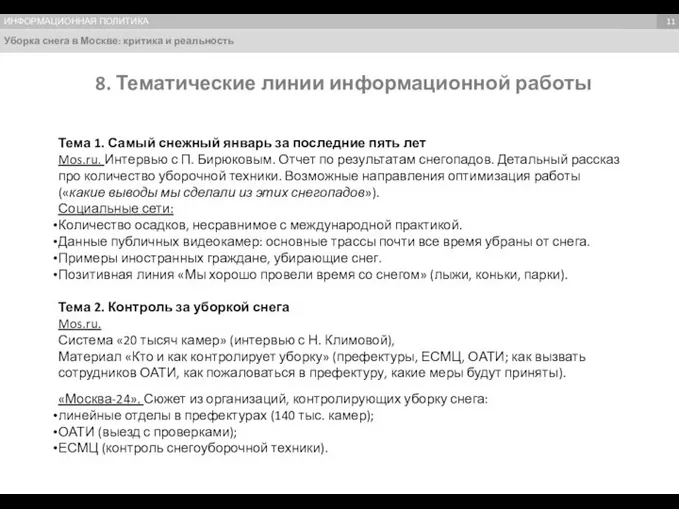 Уборка снега в Москве: критика и реальность Темы, формирующие имидж Темы,