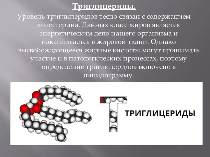 Триглицериды. Уровень триглицеридов тесно связан с содержанием холестерина. Данных класс жиров