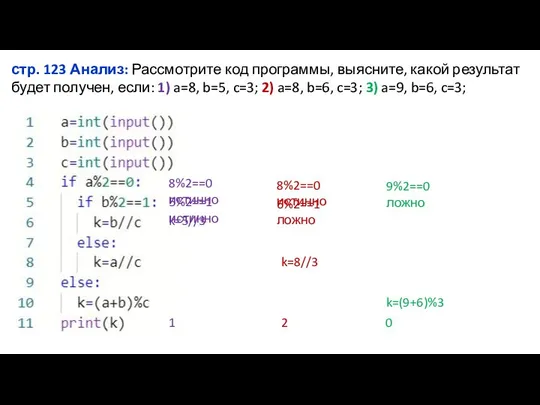 стр. 123 Анализ: Рассмотрите код программы, выясните, какой результат будет получен,