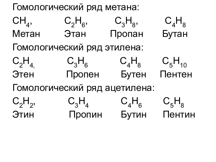 Гомологический ряд метана: СН4, С2Н6, С3Н8, С4Н8 Метан Этан Пропан Бутан