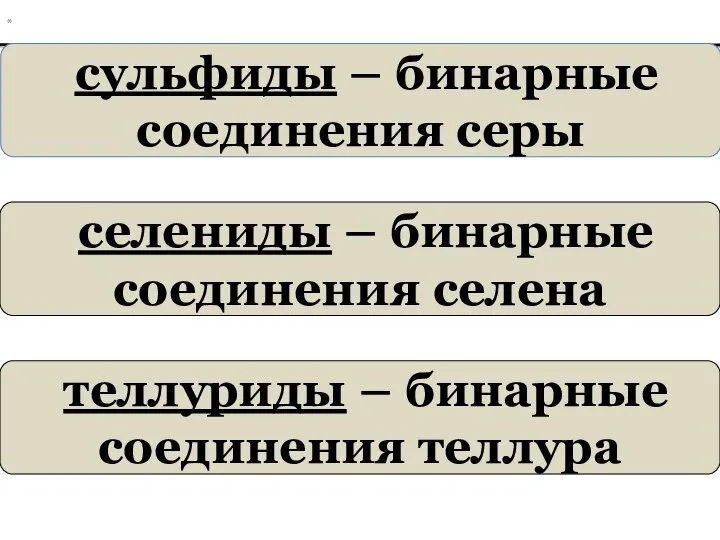 селениды – бинарные соединения селена * теллуриды – бинарные соединения теллура сульфиды – бинарные соединения серы