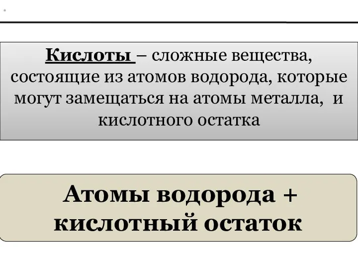 Кислоты – сложные вещества, состоящие из атомов водорода, которые могут замещаться