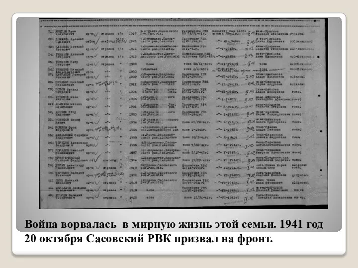 Война ворвалась в мирную жизнь этой семьи. 1941 год 20 октября Сасовский РВК призвал на фронт.