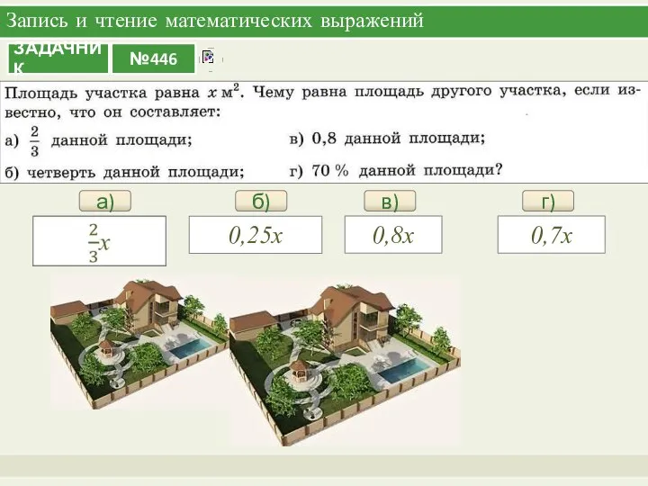 Запись и чтение математических выражений а) в) 0,8х г) 0,7х б) 0,25х