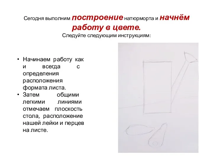 Сегодня выполним построение натюрморта и начнём работу в цвете. Следуйте следующим