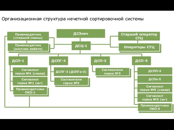 ДСЗнеч ДСЦ-1 Организационная структура нечетной сортировочной системы Приемосдатчик (старший смены) Старший