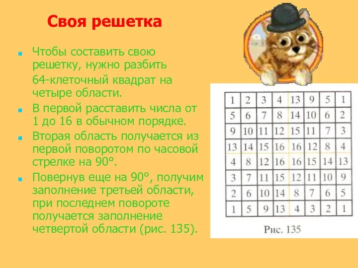 Чтобы составить свою решетку, нужно разбить 64-клеточный квадрат на четыре области.