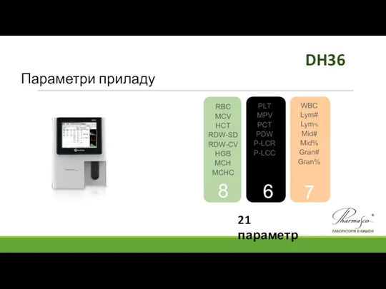 Параметри приладу DH36 RBC MCV HCT RDW-SD RDW-CV HGB MCH MCHC 8 21 параметр