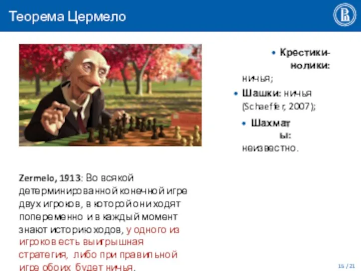 Теорема Цермело Крестики-нолики: ничья; Шашки: ничья (Schaeffer, 2007); Шахматы: неизвестно. Zermelo,